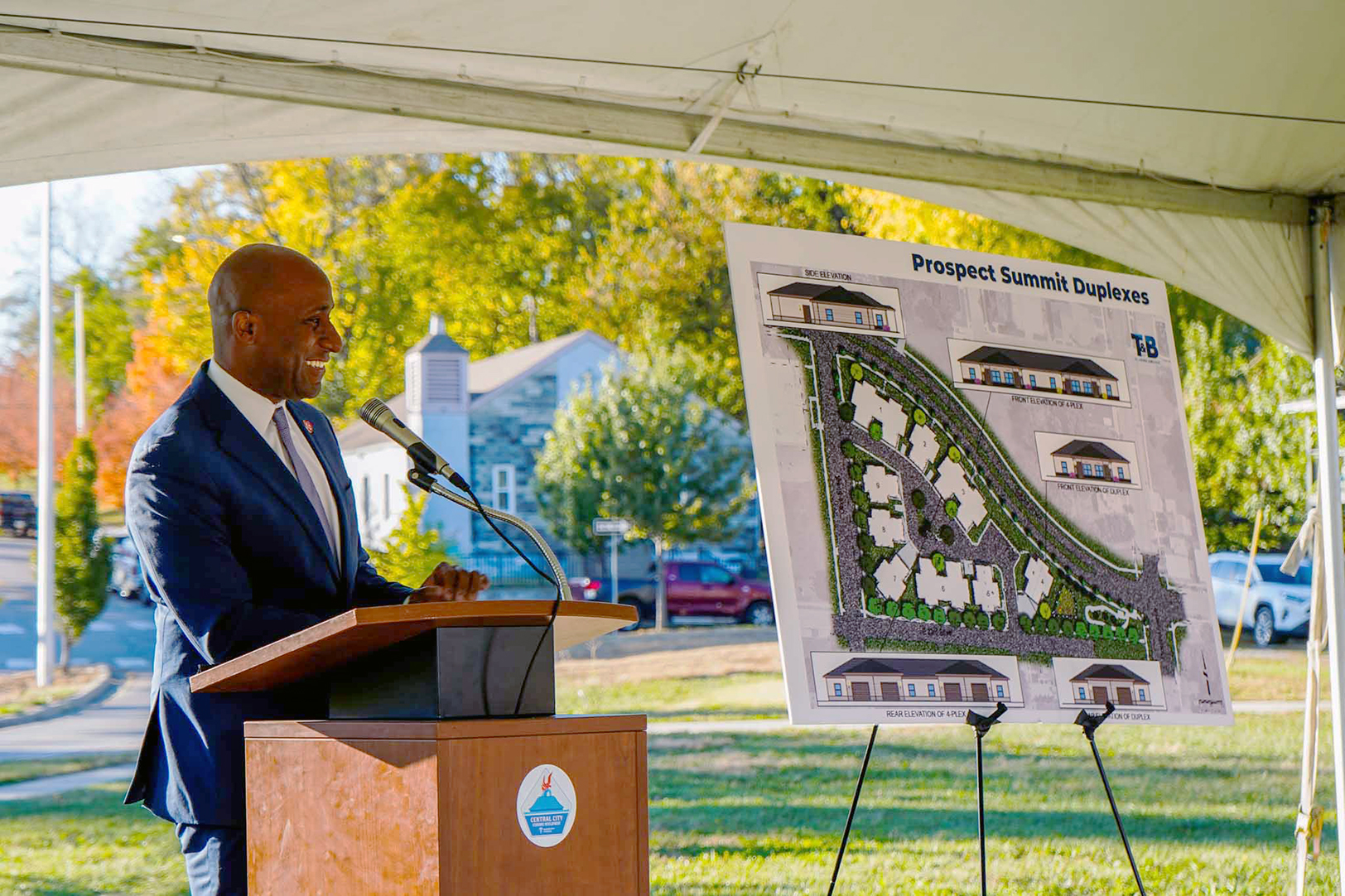 Mayor Quinton Lucas speaks at a groundbreaking event for the Prospect Summit Duplexes, a project supported by the Central City Economic Development (CCED) Sales Tax Program; photo by Brian Escobar, EDCKC