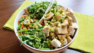 Soba noodle bowl with hot sesame chicken, Happy Food Co.