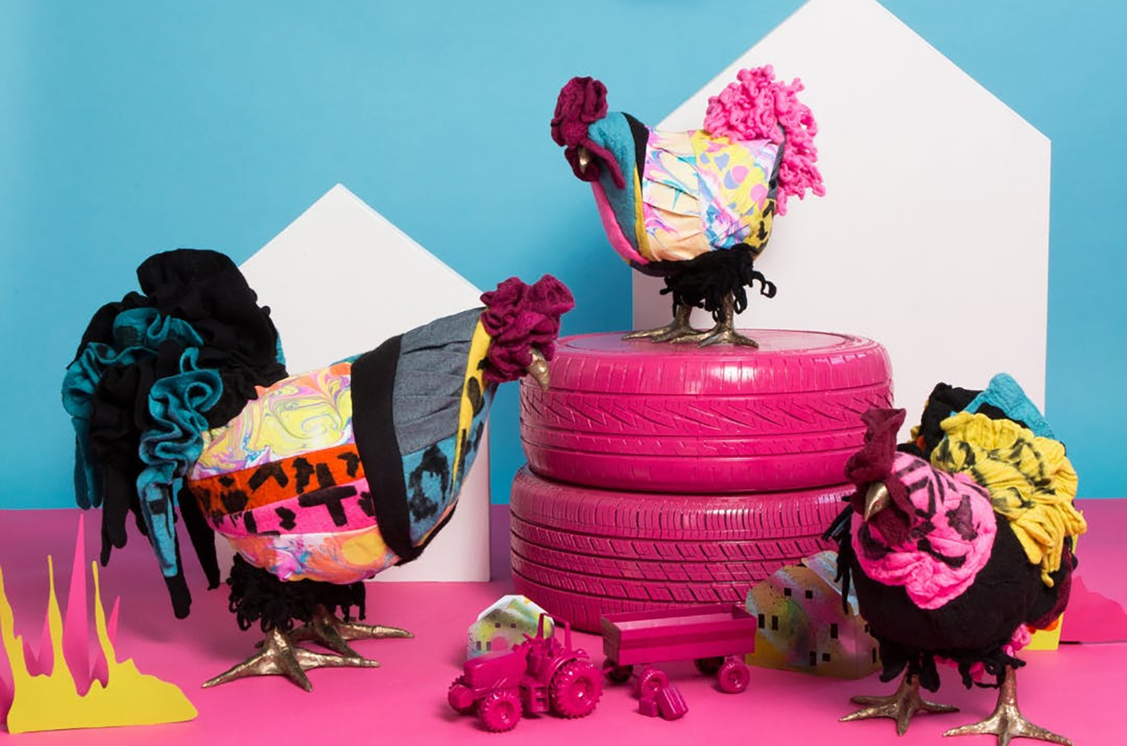 How a pair of chicken footstools hatched into a yarn barnyard of sold-out flock-pleasers