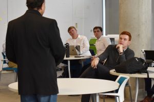 AACE Venture Fund students interacting with Shekhar Gupta, MyANIML, on the University of Missouri-Kansas City campus