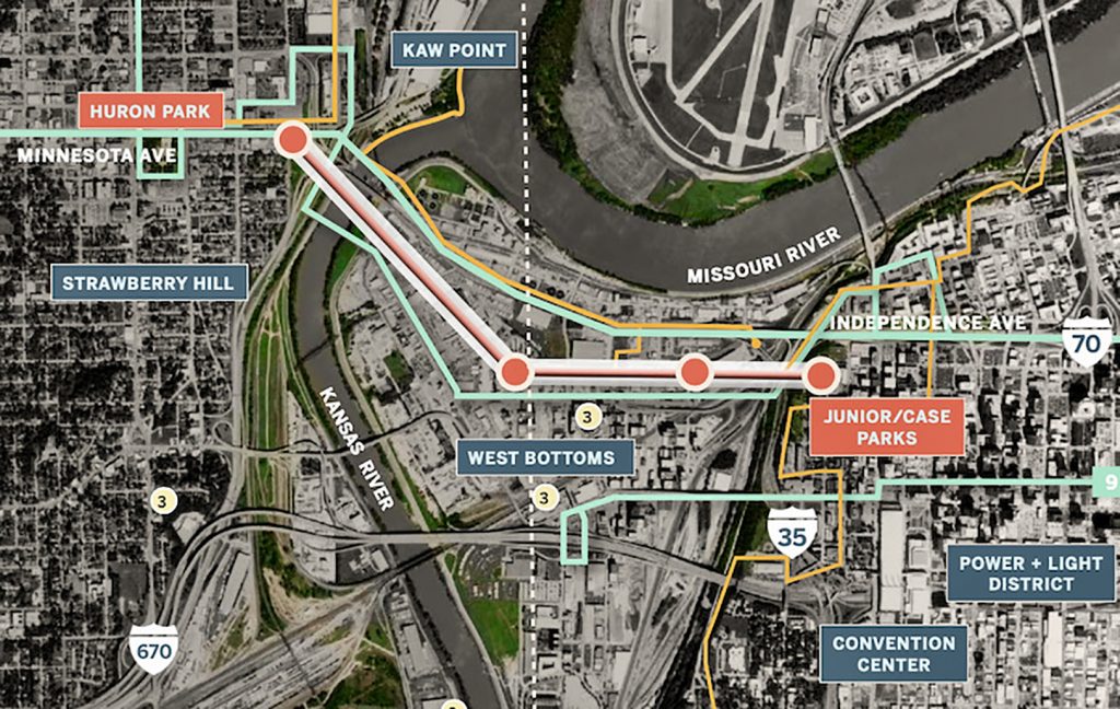 A potential gondola route from Strawberry Hill to Quality Hill with two West Bottoms stops. (Map from SOM/HR&A study)