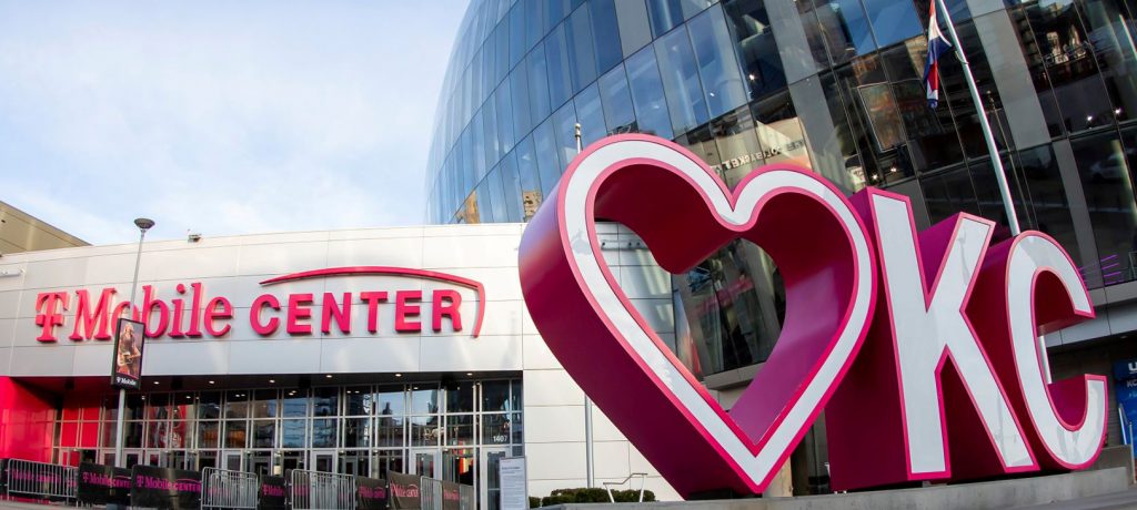 Exterior view of T-Mobile Center prior to the Hall of Fame Classic game between the Cincinnati Bearcats and the Illinois Fighting Illini on Nov. 22, 2021 at the T-Mobile Center in Kansas City. (Photo by Nick Tre, Smith/Icon Sportswire via AP Images)