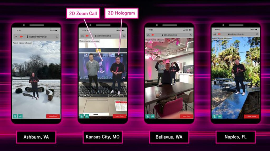 John Saw, T-Mobile’s executive vice president of advanced and emerging technologies, and his team conducting early testing of holographic telepresence technology during a meeting in February 2021. (Courtesy | T-Mobile)