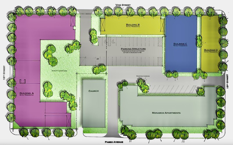 Proposed site plan submitted by the development group calling itself 18th & Vine Developers LLC. (Map from developer response to city RFP)