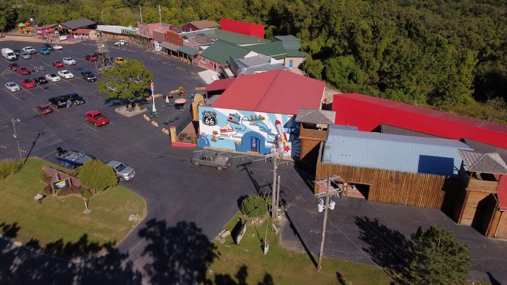 Aerial view of the mural and neon work at the Uranus Fudge Factory and General Store; photo courtesy of Fossil Forge