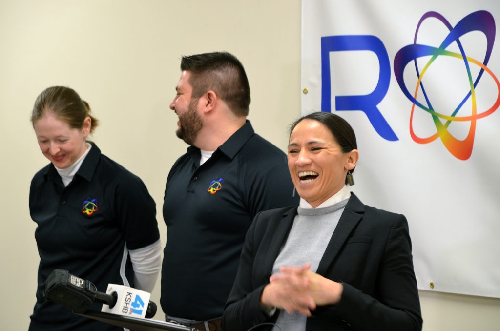 U.S. Rep. Sharice Davids, D-Kansas, Wednesday at Ronawk in Olathe with co-founders Heather Decker and AJ Mellott