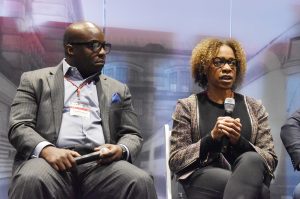 Cordell Carter II, Aspen Institute Socrates Program, and Terri Bradford, Federal Reserve of Kansas City, at the C3KC “Fintech is Revolutionizing Banking” session