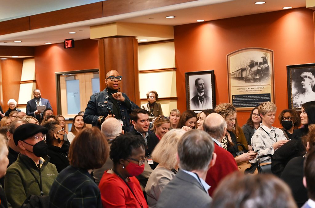 Denesha Snell, American Public Square, asks panelists a question at the C3KC "Future of Neighborhoods" session