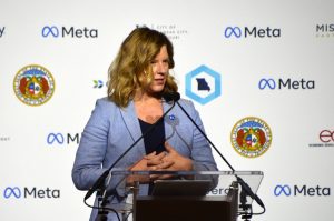 Darcy Nothnagle, Meta, speaks at Union Station during the announcement of Meta's new $800 million data center in Kansas City