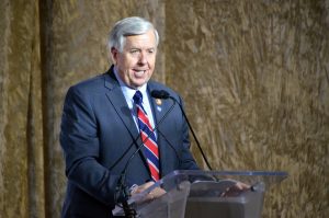 Gov. Mike Parson, R-Missouri, speaks at Union Station during the announcement of Meta's new $800 million data center in Kansas City