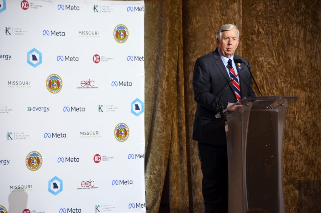 Gov. Mike Parson, R-Missouri, speaks at Union Station during the announcement of Meta's new $800 million data center in Kansas City