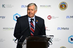 Gov. Mike Parson, R-Missouri, speaks at Union Station during the announcement of Meta's new $800 million data center in Kansas City