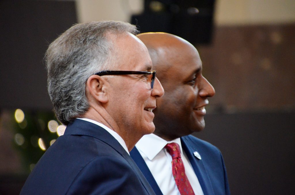 Tim Cowden, Kansas City Area Development Council, and KCMO Mayor Quinton Lucas at the announcement of Meta&#039;s new $800 million data center in Kansas City