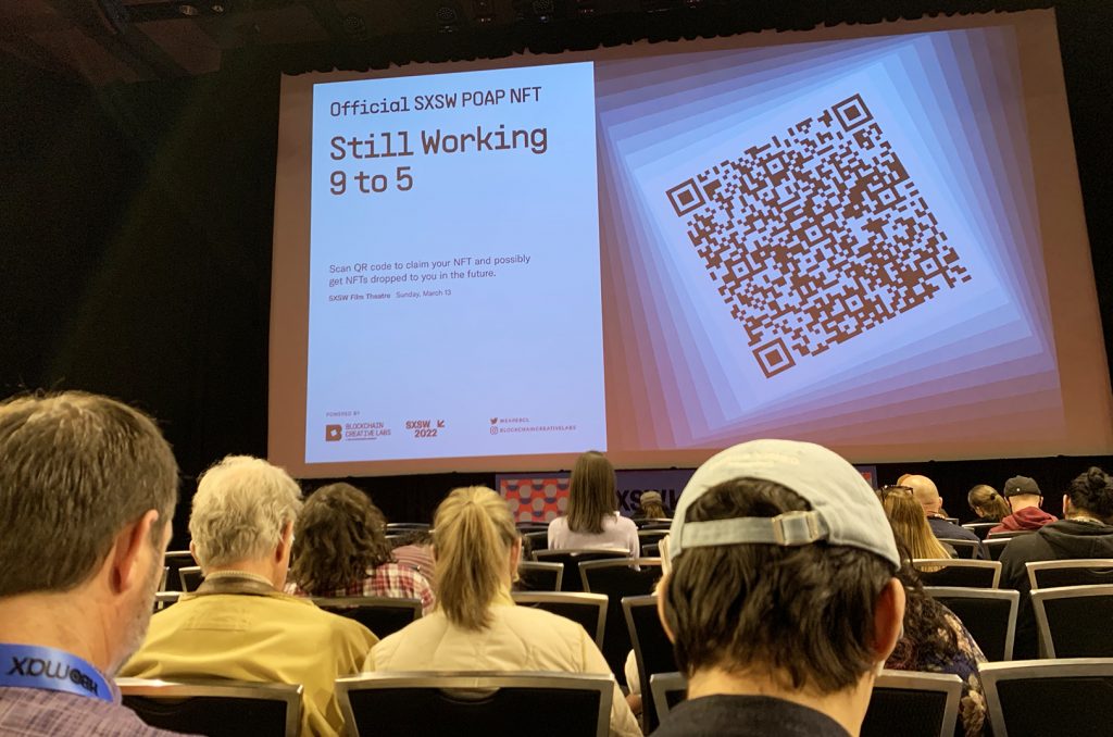 An NFT giveaway promoted before the screening of the documentary "Still Working 9 to 5" at SXSW