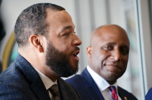 Frank James Jr., Pro X, and Quinton Lucas, Kansas City mayor, during an announcement event for the 2022 Pro X student internship