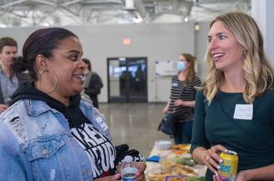 Chef Shanita McAfee-Bryant, The Prospect KC, and Jacqueline Erickson Russell, Social Impact Advising Group, talk Tuesday during a launch event for the LaunchKC Social Venture Studio; photo by Estuardo Garcia
