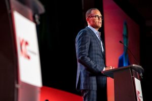 Philip Gaskin, Ewing Marion Kauffman Foundation, speaking at the 2021 Small Business Celebration; photo courtesy of Rivas Photography/the Greater Kansas City Chamber of Commerce