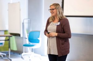 Jill Bertelsen, Crib Coaching, pitches in May at the Regnier Venture Creation Challenge; photo courtesy of the University of Missouri-Kansas City's Henry W. Bloch School of Management and the Regnier Institute for Entrepreneurship and Innovation