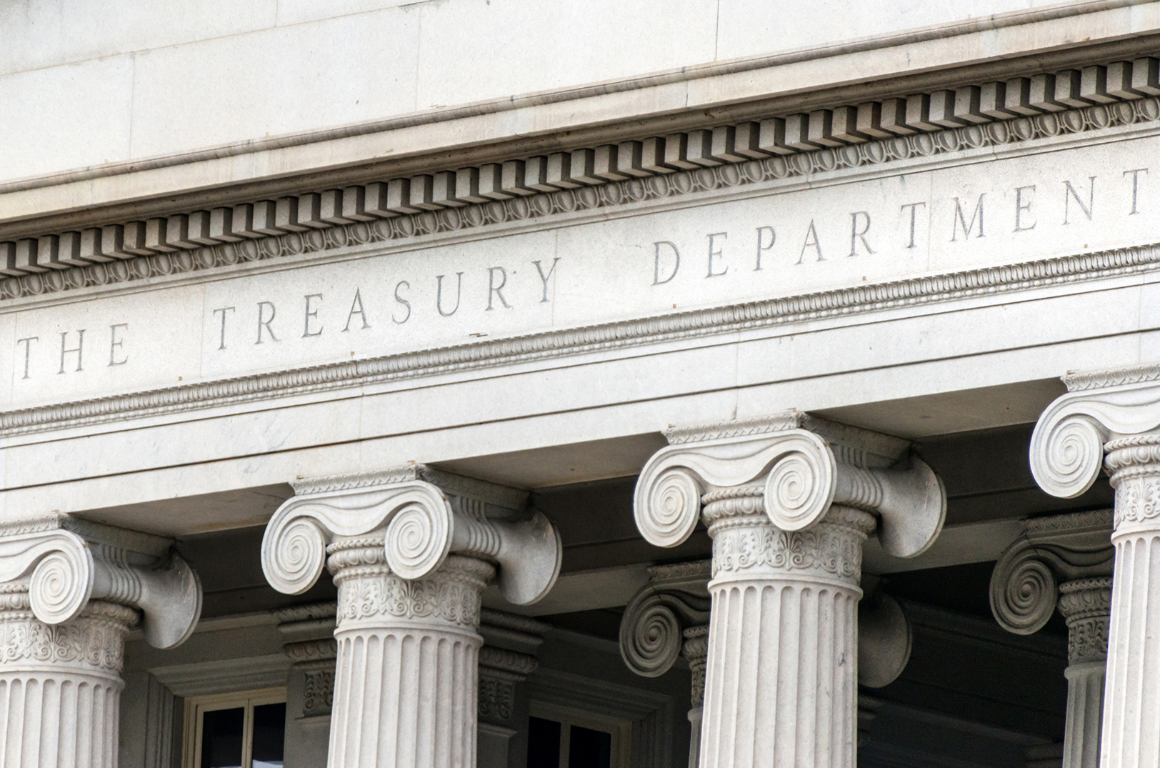 US treasury department sign in Washington DC facade
