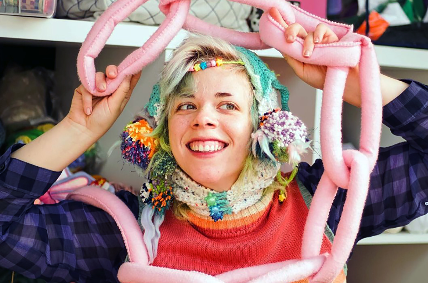 Their joyful art began with pom poms, but Bubble Gum Kurt’s upcycled expression won’t be boxed in